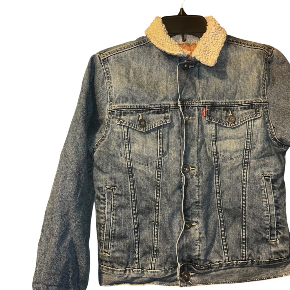 Levi Strauss & Co. Blue Sherpa Lined Denim Jacket Logo Button Kids Medium 10/12